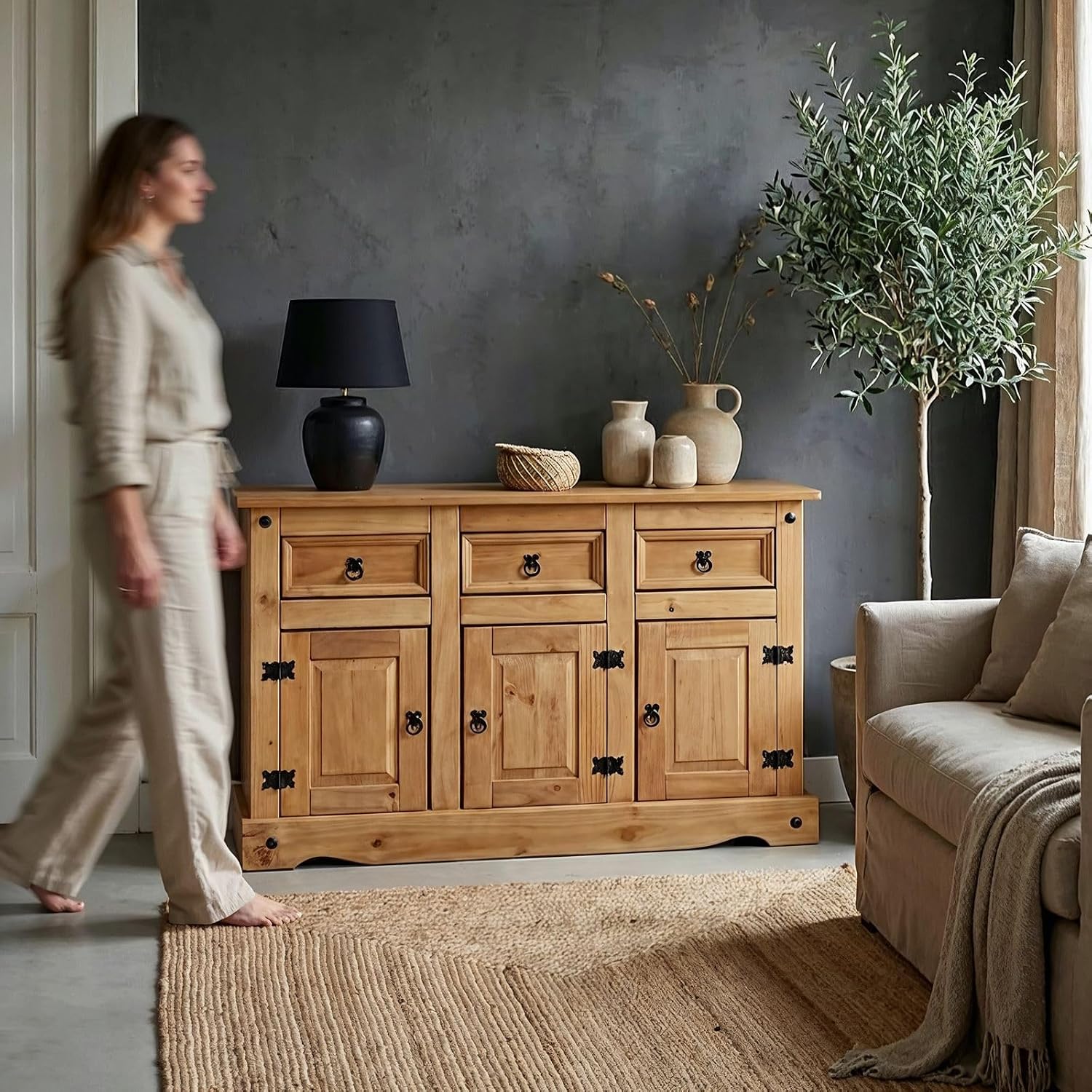 Buffet Salsa Commode bahut vaisselier en Bois Style Mexicain avec 3 Portes battantes et 3 tiroirs, en pin Massif Finition teintée/cirée