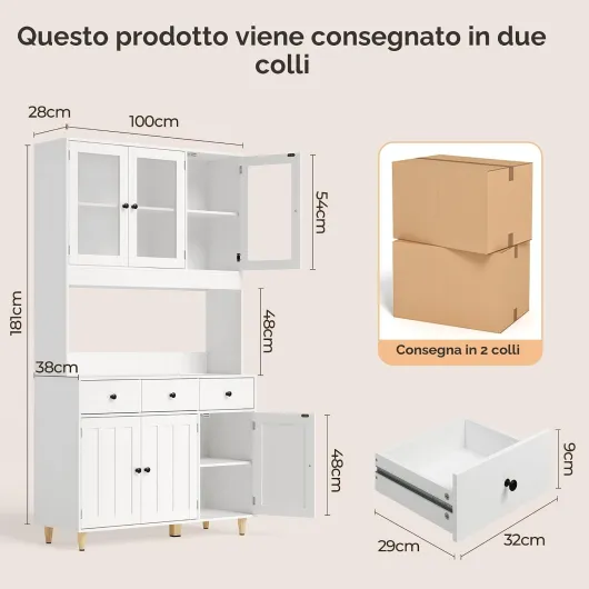 Vaisselier, Armoire de Cuisine Haute avec LED, Buffet avec Prise, Buffet avec Tiroirs, 6 Portes, Étagères Réglables pour Salon, Salle à Manger, Couloir, 100 x 38 x 181 cm, Blanc