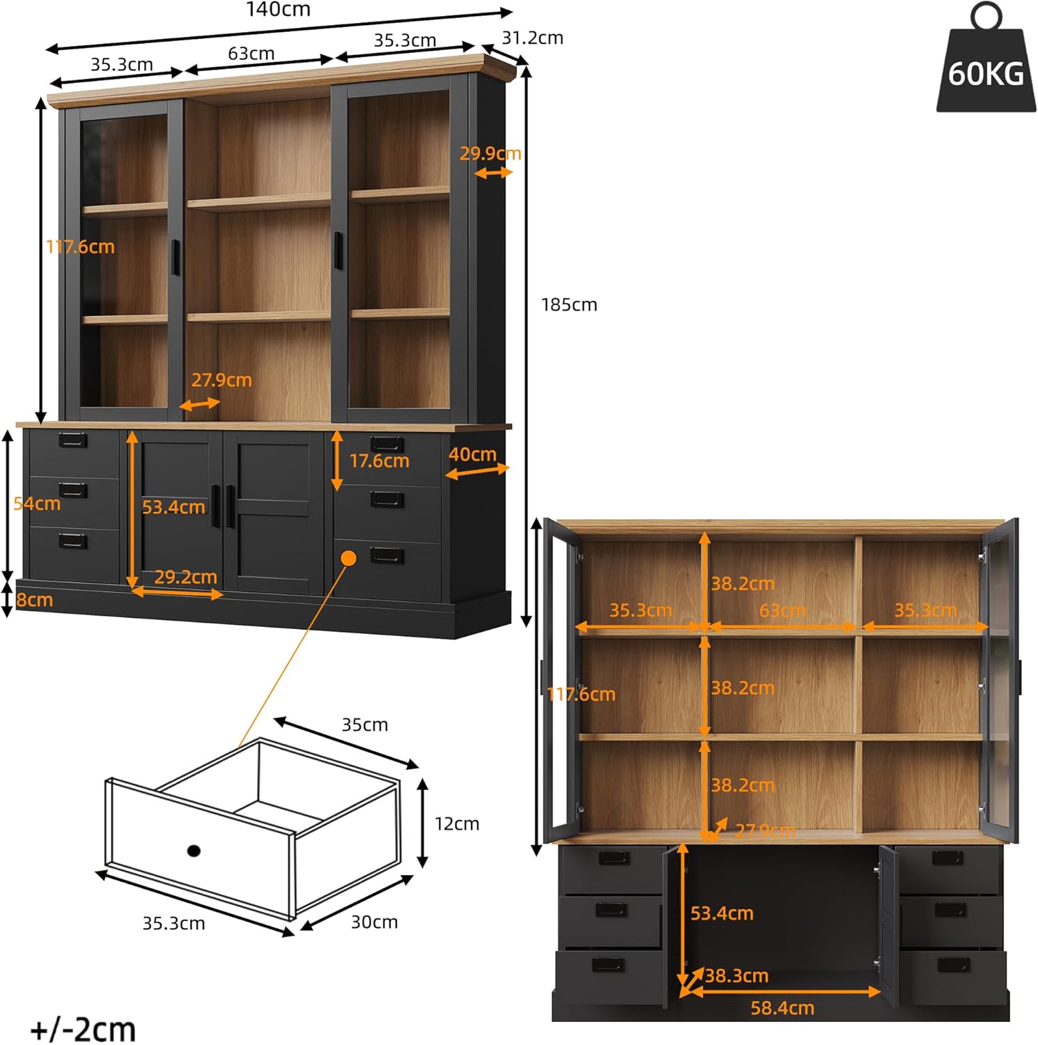 Buffet Cuisine Rangement 140 × 185 cm, Armoire de Cuisine Haute, Meuble de Cuisine Haut, Vaisselier avec Plan de Travail et 6 Tiroirs, Étagères Réglables, Meuble de Rangement, Noir