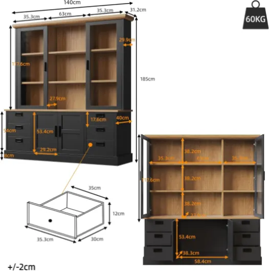 Buffet Cuisine Rangement 140 × 185 cm, Armoire de Cuisine Haute, Meuble de Cuisine Haut, Vaisselier avec Plan de Travail et 6 Tiroirs, Étagères Réglables, Meuble de Rangement, Noir
