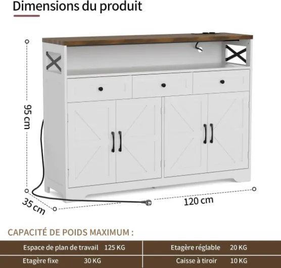 Buffet, Meuble de Cuisine avec tiroirs, Meuble de Rangement, Buffet 120 x 35.1 x 95cm Blanc