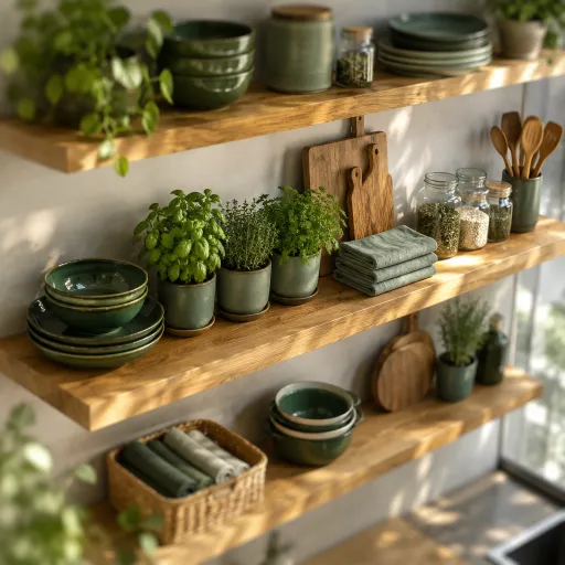 Étagère en bois massif : le rangement mural qui structure la cuisine
