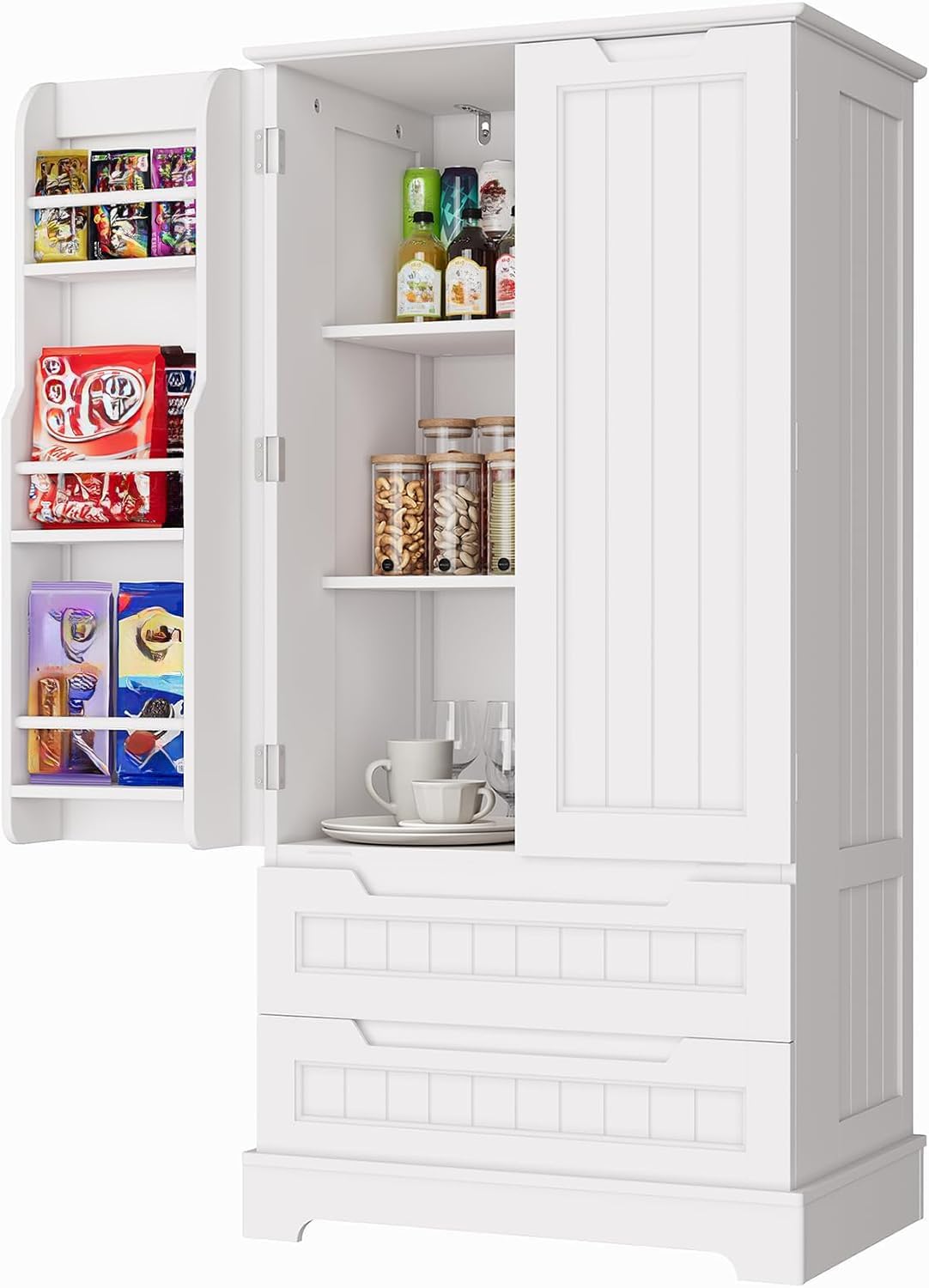 Bealife Buffet de Cuisine Blanc avec 2 Tiroirs et 2 Portes - Armoire de Rangement Autoportante Idéale pour Cuisine et Salle à Manger