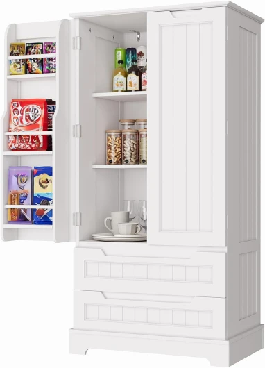 Bealife Buffet de Cuisine Blanc avec 2 Tiroirs et 2 Portes - Armoire de Rangement Autoportante Idéale pour Cuisine et Salle à Manger