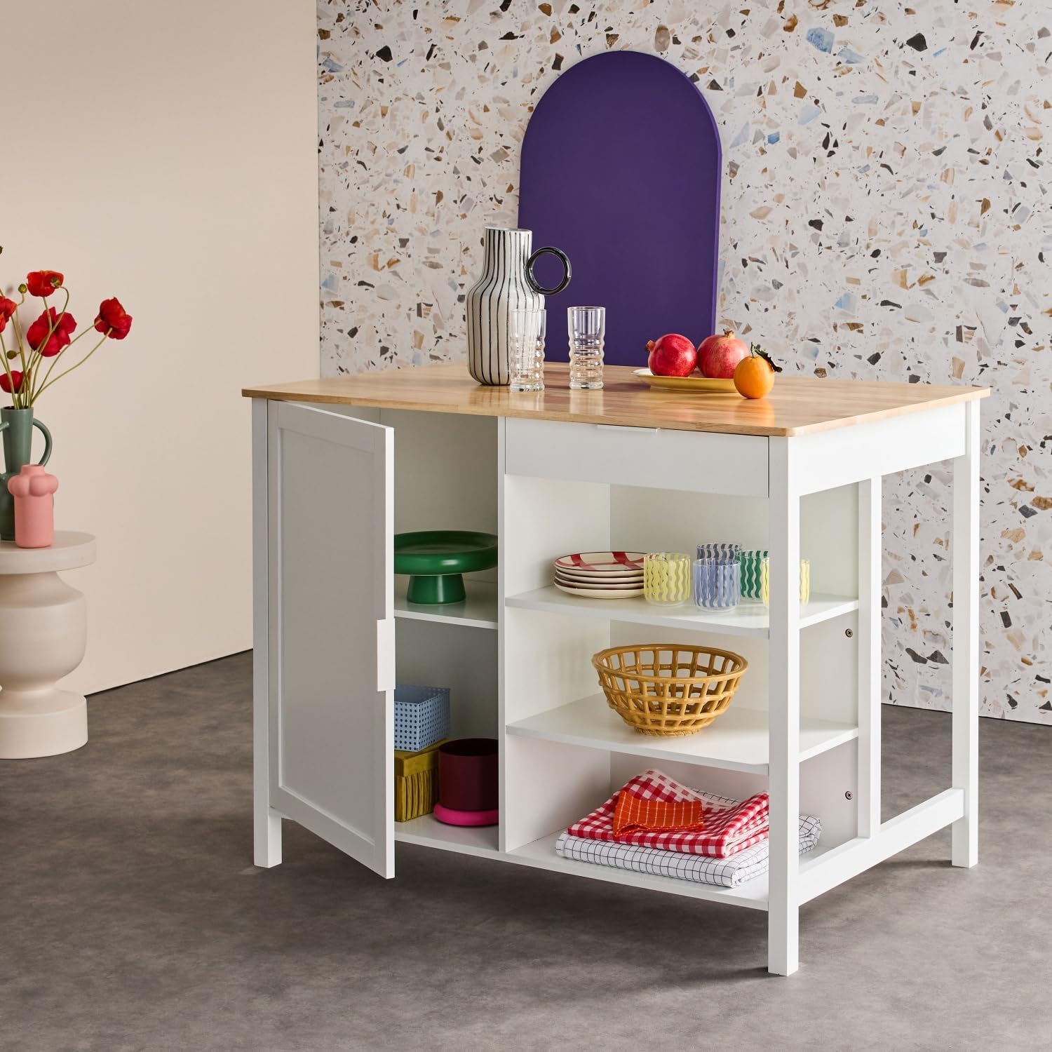 Sweeek - Îlot Central de Cuisine MOLENE - Plateau en Bois d'hévéa - 120x75cm - Blanc - 5 étagères - 1 Porte - 1 tiroir - L 120 x P 75 x H 90cm