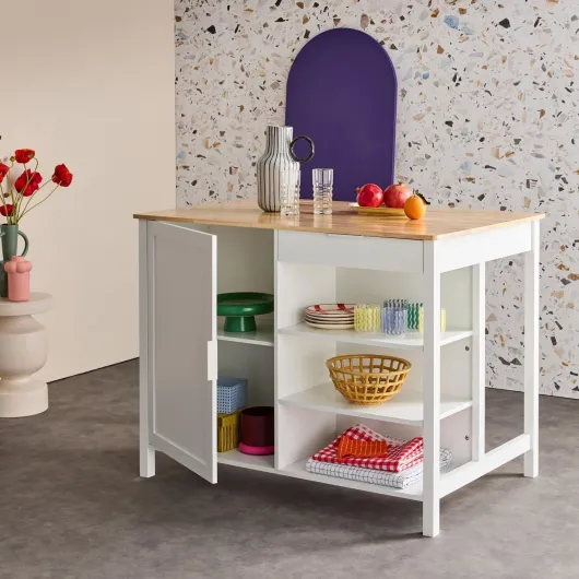 Sweeek - Îlot Central de Cuisine MOLENE - Plateau en Bois d'hévéa - 120x75cm - Blanc - 5 étagères - 1 Porte - 1 tiroir - L 120 x P 75 x H 90cm