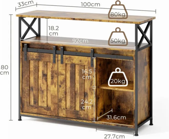 Buffet de Cuisine avec 2 Portes Coulissantes - Armoire de Rangement avec Étagères Réglables, 100 x 33 x 80 cm, pour Salon, Cuisine et Couloir, Rétro