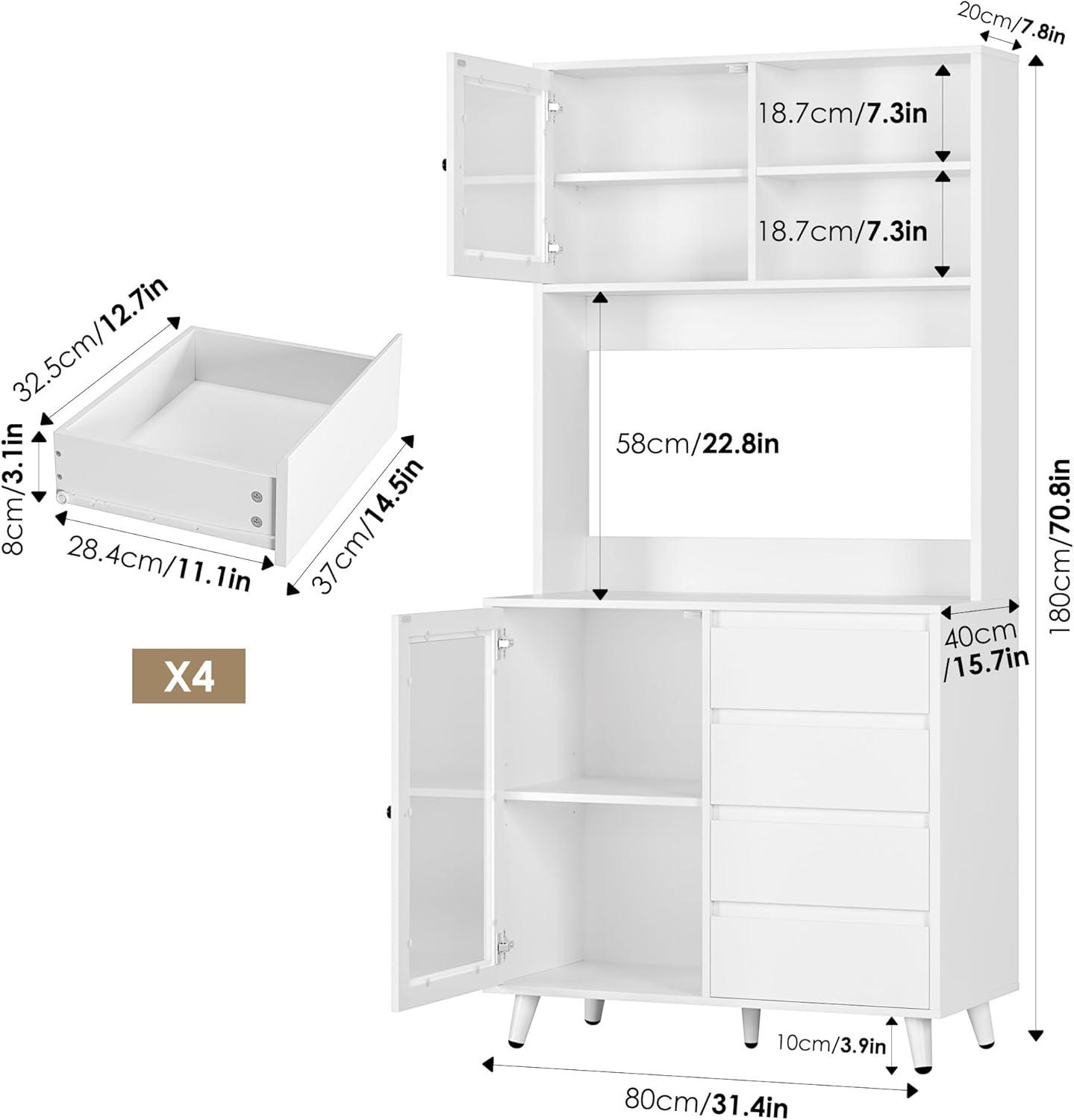 Buffet de Cuisine Meuble Cuisine Rangement avec Portes Vitrées 4 Tiroirs Vaisselier avec Plan de Travail pour Salle à Manger Salon 80x40x180cm