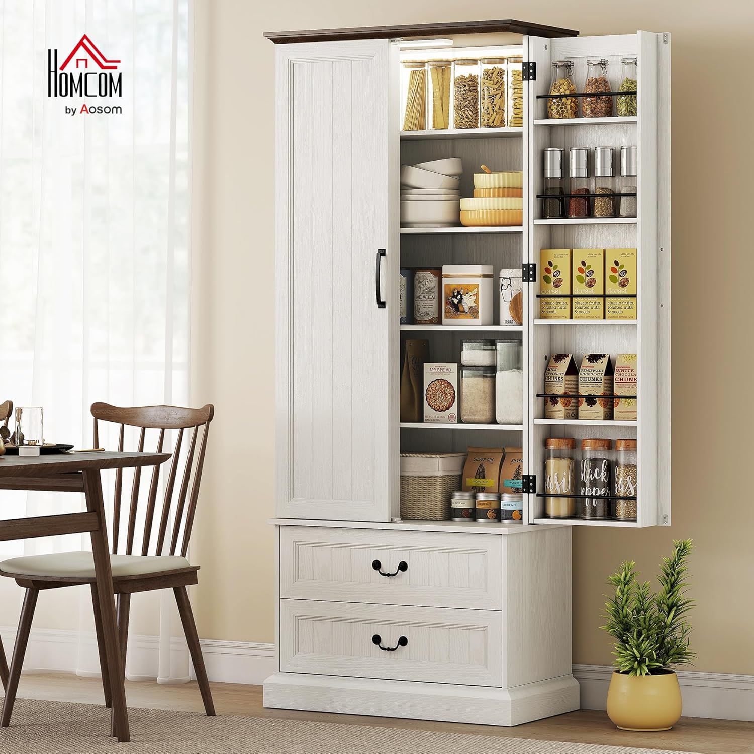 Buffet Haut Cuisine avec LED à capteur, Armoire de Cuisine, 2 Portes, 10 Porte-épices, 2 tiroirs et étagères réglables, Meuble de Rangement pour Salon, Salle à Manger, 76x39,5x183cm, Blanc