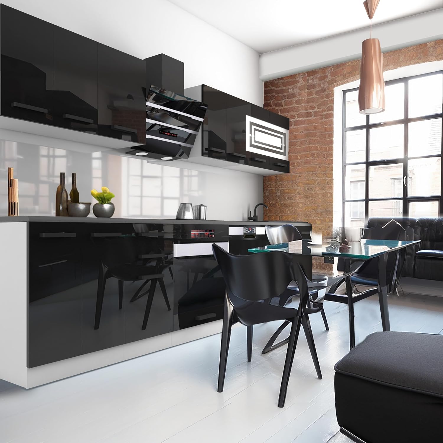 BELINI - Cuisine Équipée Lucy 300 cm - Meubles de Cuisine Sans Plan de Travail - Rangement et Buffet - Noir Très Brillant