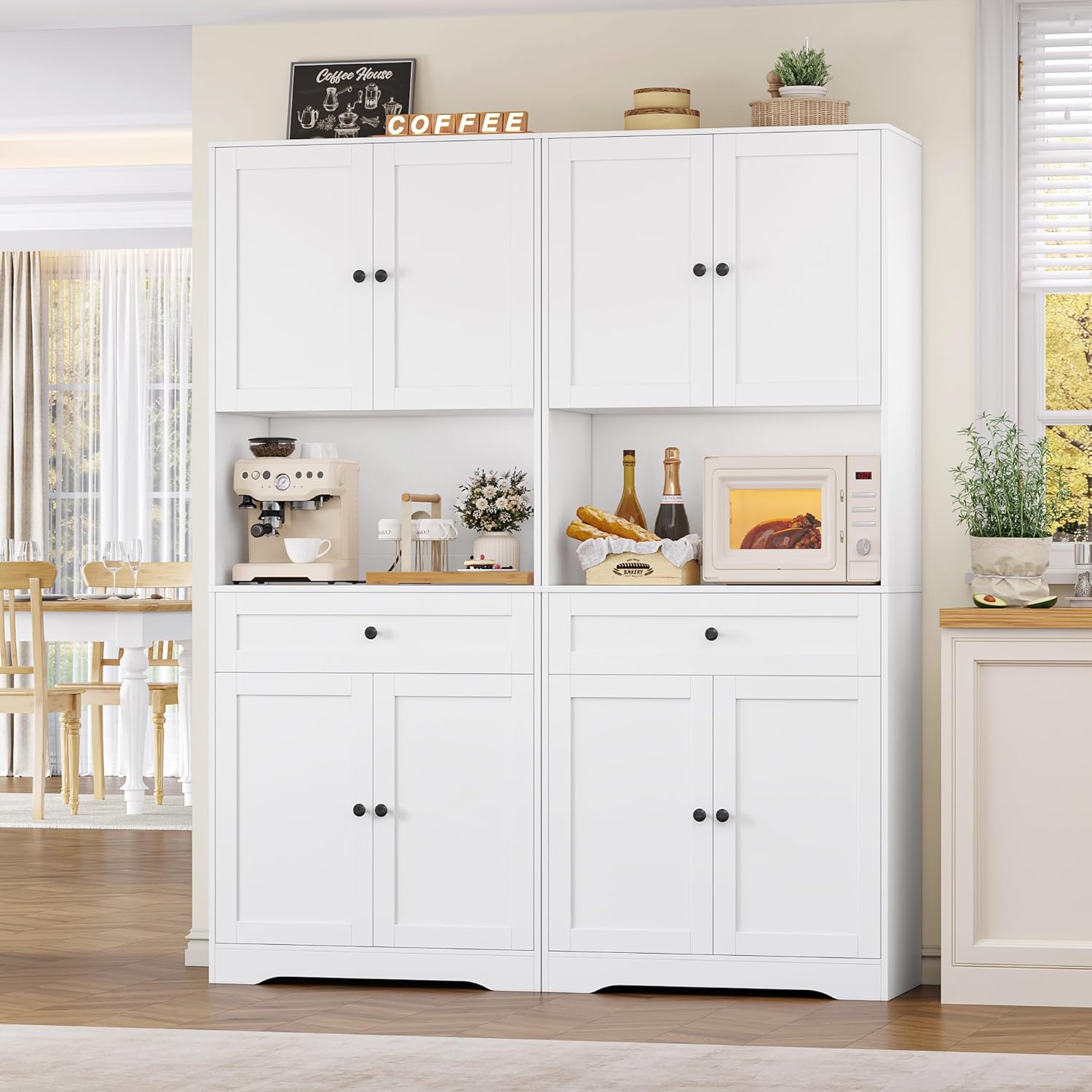 Buffet Cuisine, Meuble Cuisine avec 4 Portes 1 Tiroir, Meuble de Rangement avec Trou de Câbles Étagères Réglables Vaisselier Salle à Manger pour Micro-Ondes 75x40x180cm Blanc