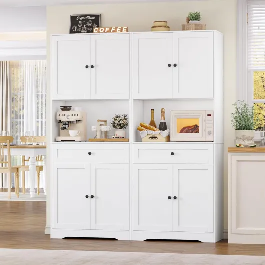 Buffet Cuisine, Meuble Cuisine avec 4 Portes 1 Tiroir, Meuble de Rangement avec Trou de Câbles Étagères Réglables Vaisselier Salle à Manger pour Micro-Ondes 75x40x180cm Blanc