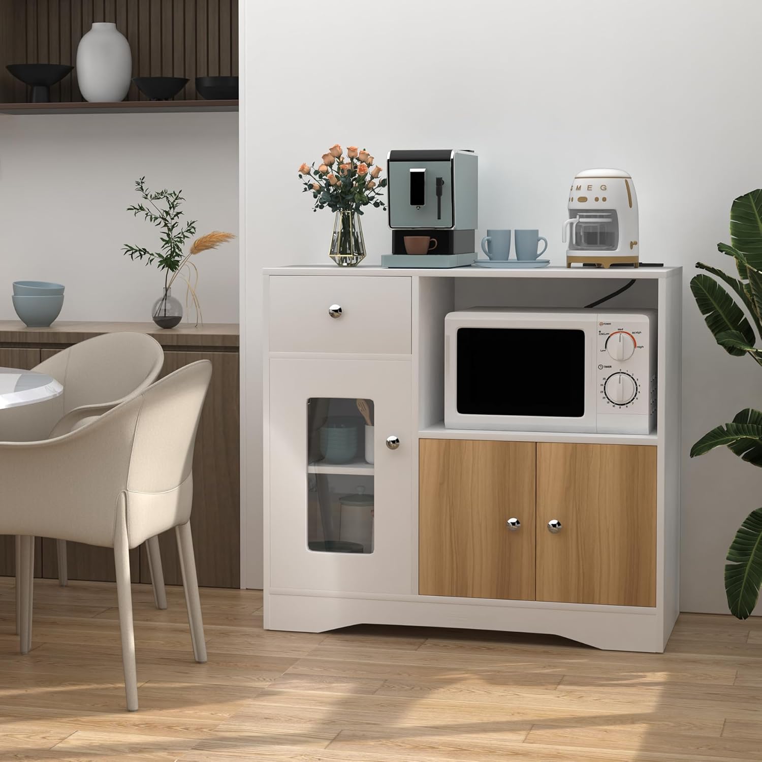 Buffet de Cuisine avec Étagère à Micro-Ondes, Portes et 1 Tiroir, avec 3 Portes, Meuble de Rangement, Étagères Réglables, Armoire de Rangement pour Salon,Cuisine,Salle à Manger, 80x40x83cm