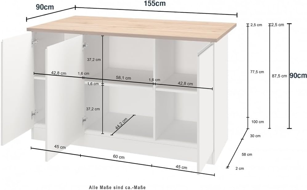 VE.CA - Ilot Clarissa - Buffet de Cuisine - Meuble Idéal pour Une Cuisine Complète - Table à Manger - Blanc Brillant/Wotan - Made in Italy