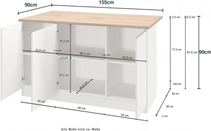 VE.CA - Ilot Clarissa - Buffet de Cuisine - Meuble Idéal pour Une Cuisine Complète - Table à Manger - Blanc Brillant/Wotan - Made in Italy