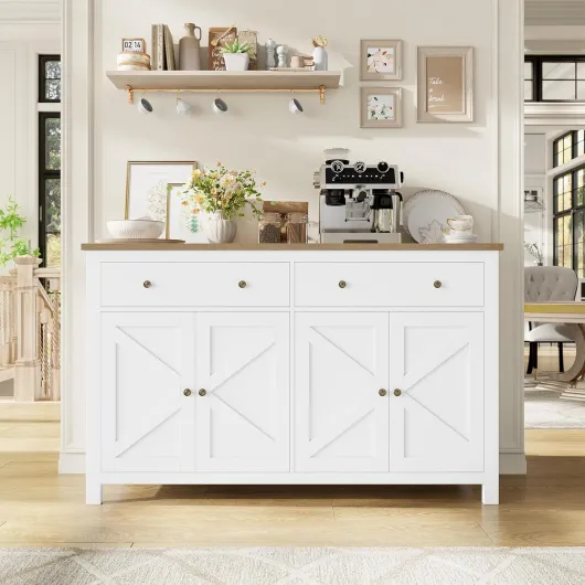 Buffet Cuisine Meuble de Cuisine Rangement Buffet avec 4 Portes 2 Tiroirs Étagères Réglables Meuble de Rangement pour Salon Salle à Manger 140x40x89 cm Blanc