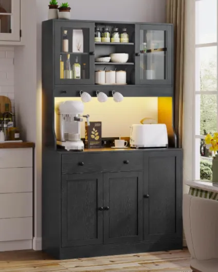 Meuble Buffet Cuisine avec LED et Multiprise, Armoire Cuisine avec Plan de Travail, 4 Compartiments Fermés, Tiroir avec Séparateurs Ajustables, 4 Crochets, Étagères Réglables, 103,5x40x180 cm, Noir