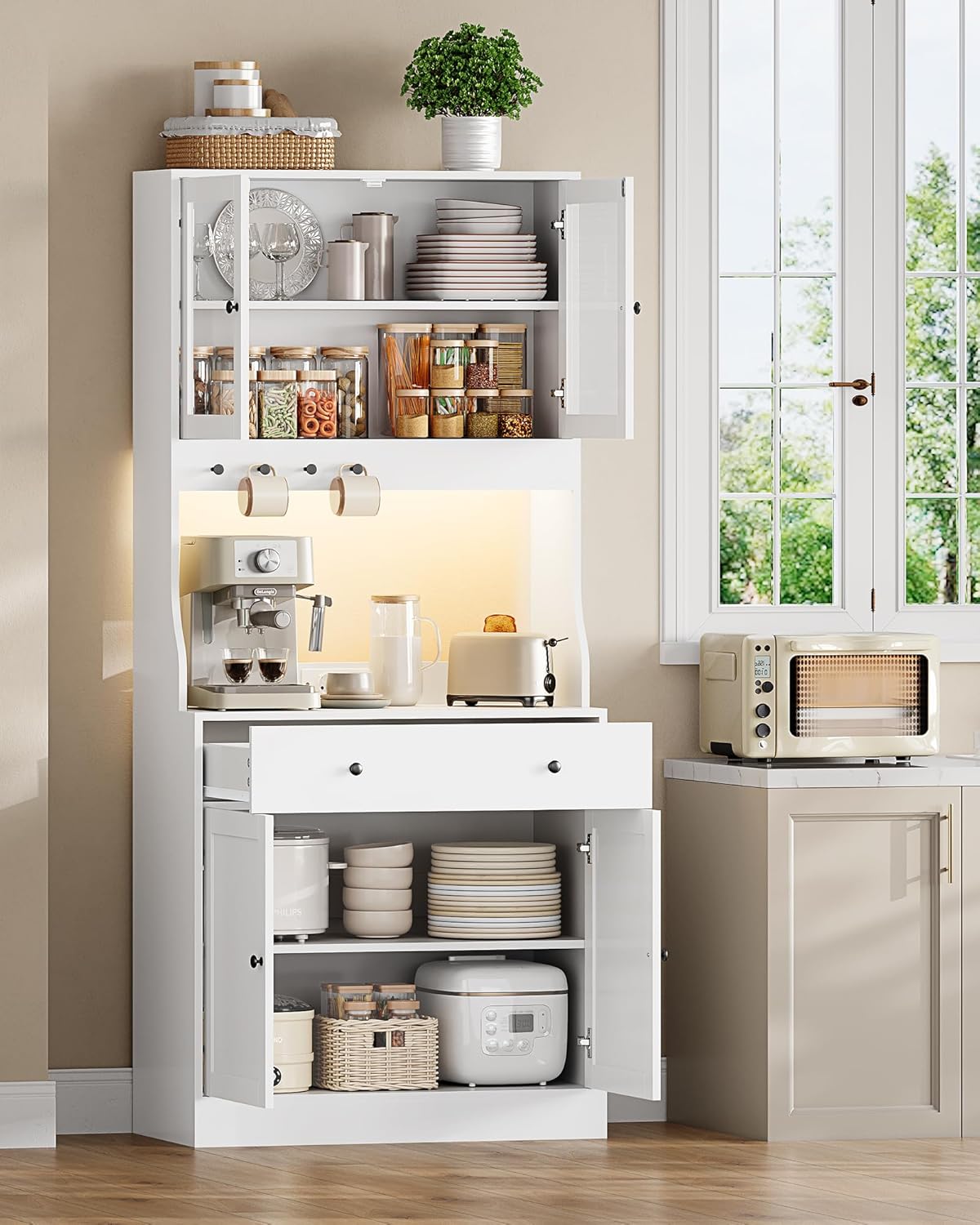Buffet Cuisine avec LED et Multiprise, Meuble Cuisine Rangement avec Plan de Travail, 4 Compartiments Fermés, Tiroir avec Séparateurs, 4 Crochets, Étagères Réglables, Meuble Salle à Manger, Blanc