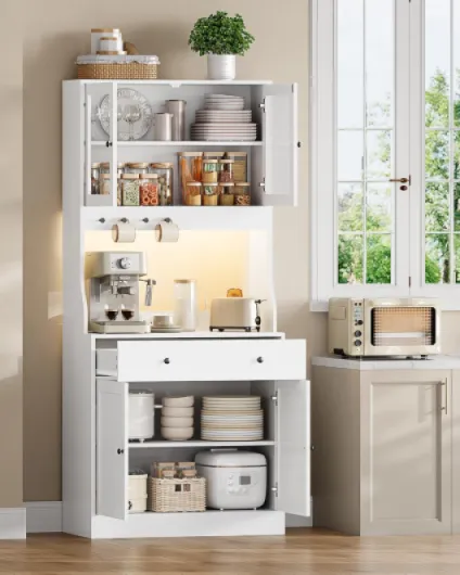 Buffet Cuisine avec LED et Multiprise, Meuble Cuisine Rangement avec Plan de Travail, 4 Compartiments Fermés, Tiroir avec Séparateurs, 4 Crochets, Étagères Réglables, Meuble Salle à Manger, Blanc