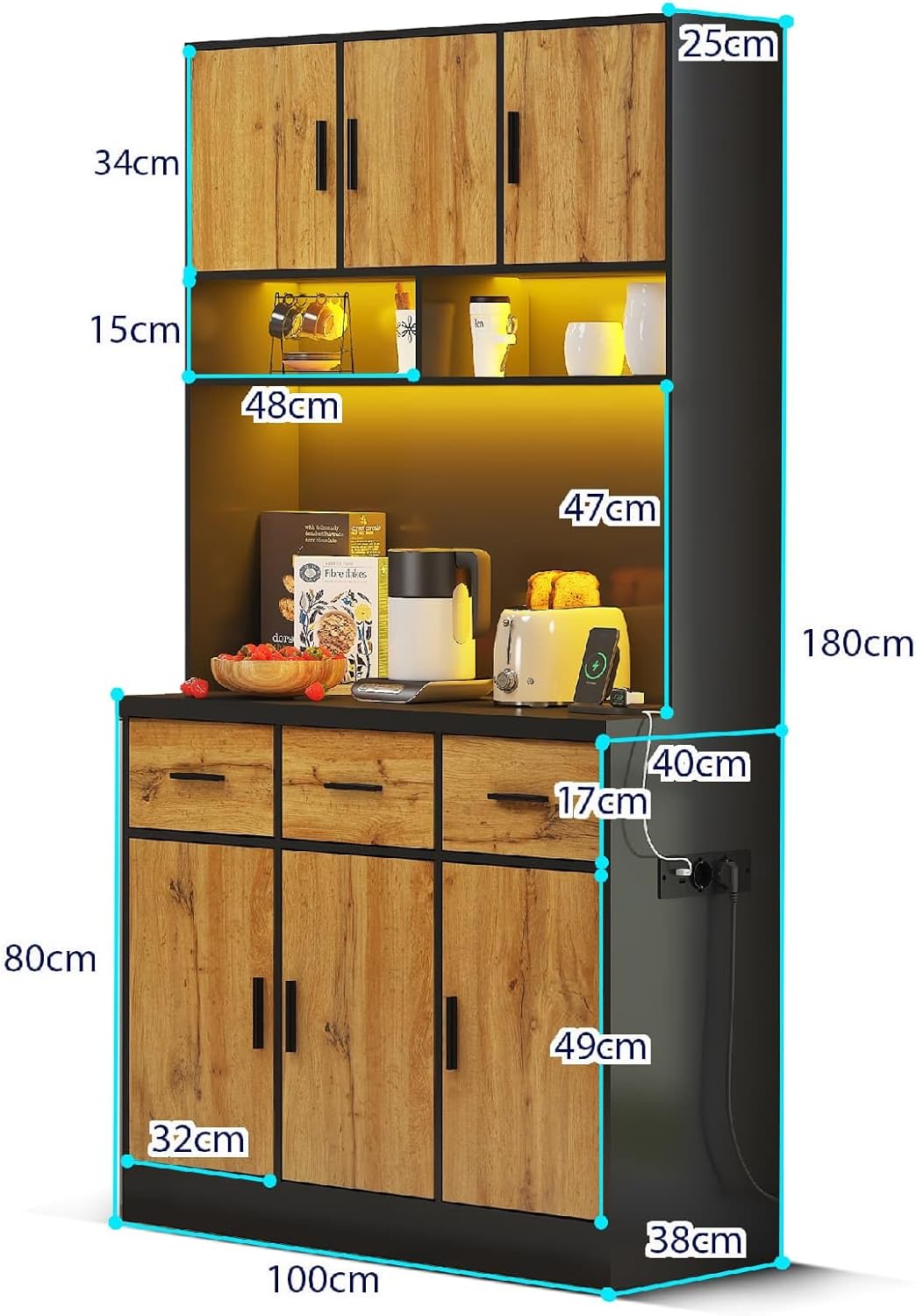 Buffet de Cuisine LED Éclairage et Prises - Meuble Vaisselier Salon Salle à Manger - Étagères Réglables 100x40x180cm (Noir+Naturel)