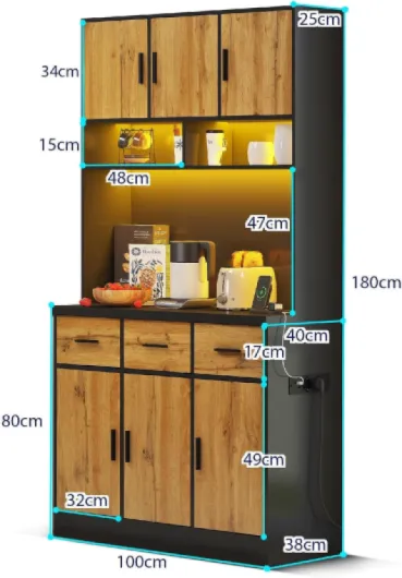 Buffet de Cuisine LED Éclairage et Prises - Meuble Vaisselier Salon Salle à Manger - Étagères Réglables 100x40x180cm (Noir+Naturel)