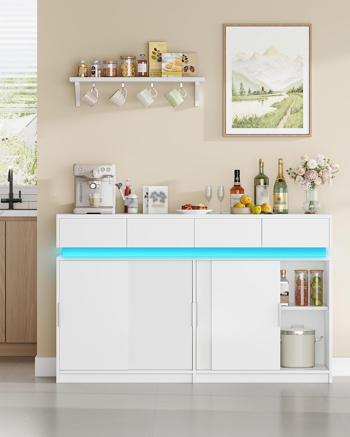 Meuble Cuisine à 4 Tiroirs, Buffet à 4 Portes Coulissantes, Meuble de Rangement avec Multiprise et Lampe à LED, Étagères Réglables, Cuisine, Pièce, 40 x 140 x 85 cm, Blanc SC00403XEU