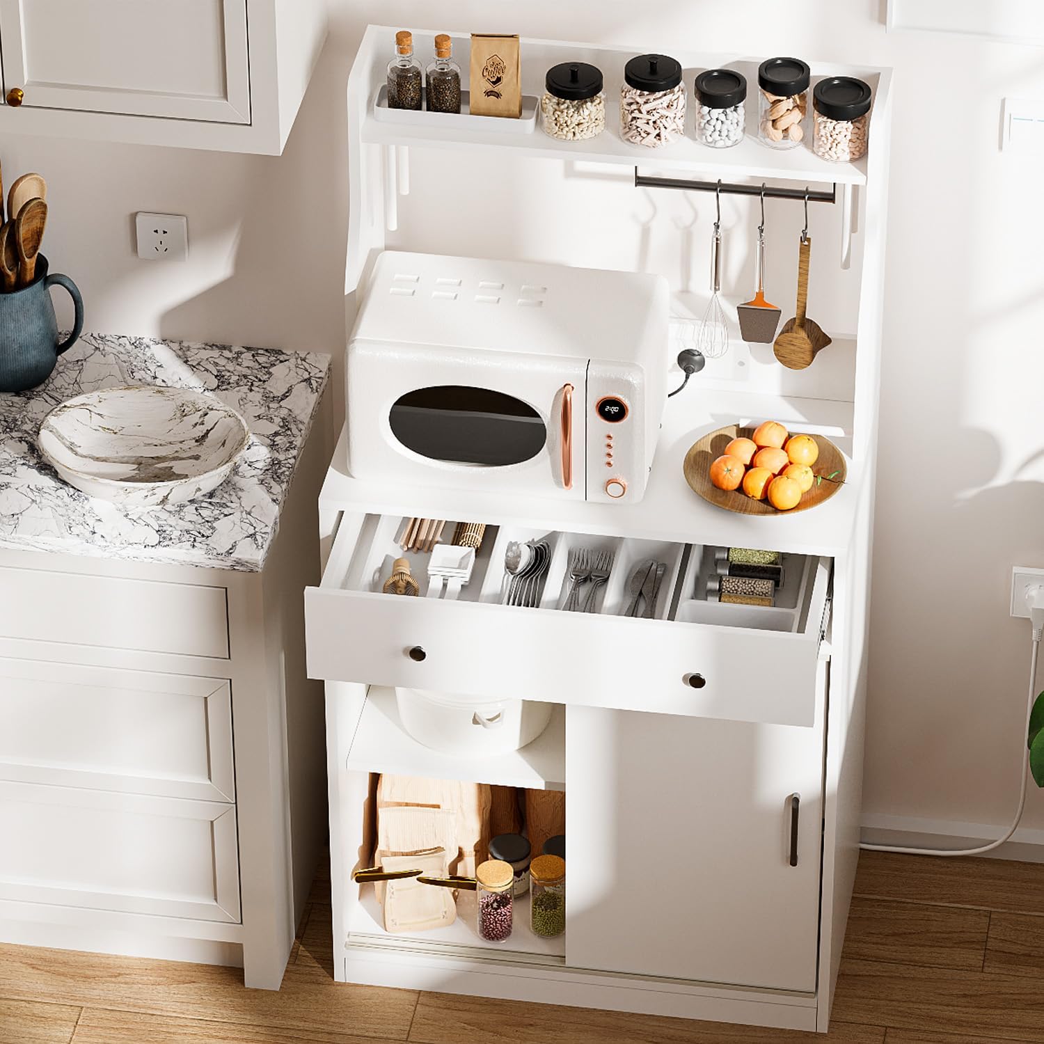 Meuble Cuisine avec Plan de Travail, Meuble Micro Ondes Cuisine Rangement, Buffet Cuisine, tiroir et Placard avec Multiprise et Éclairage LED, Blanc 70 x 40 x 134 cm Blanc 70x40x134 cm