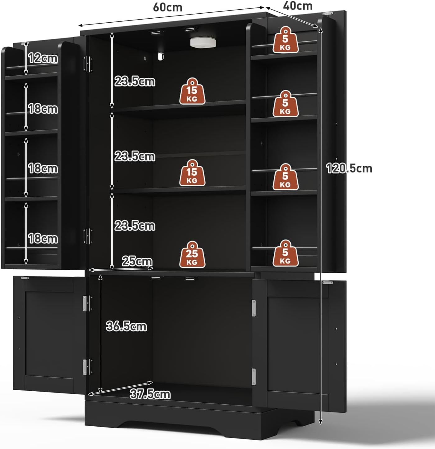 Buffet Cuisine 60×40×120cm,Meuble Cuisine,Buffet Salle a Manger avec Éclairage LED,2 Étagères Réglable,Support à épices Réglable,Armoire,4 Portes,pour Salon(2,F-Noir)