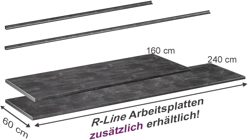 Plan de Travail Cuisine R-Line, Anthracite, 160cm, adapté au Montage sur des Meubles Bas et des Plans de Travail Anthracite 160 cm