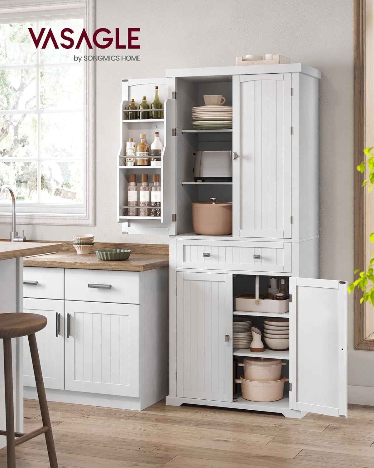 Buffet Haut Cuisine, Meuble de Rangement, Armoire, Vaisselier, Hauteur 182,1 cm, avec Tiroir, Placards, Étagères Réglables, pour Salon, Cuisine, Blanc BBC561W21 76L x 182,1H cm Blanc