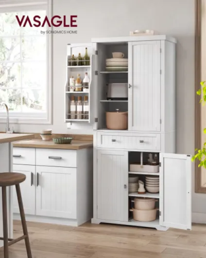 Buffet Haut Cuisine, Meuble de Rangement, Armoire, Vaisselier, Hauteur 182,1 cm, avec Tiroir, Placards, Étagères Réglables, pour Salon, Cuisine, Blanc BBC561W21 76L x 182,1H cm Blanc
