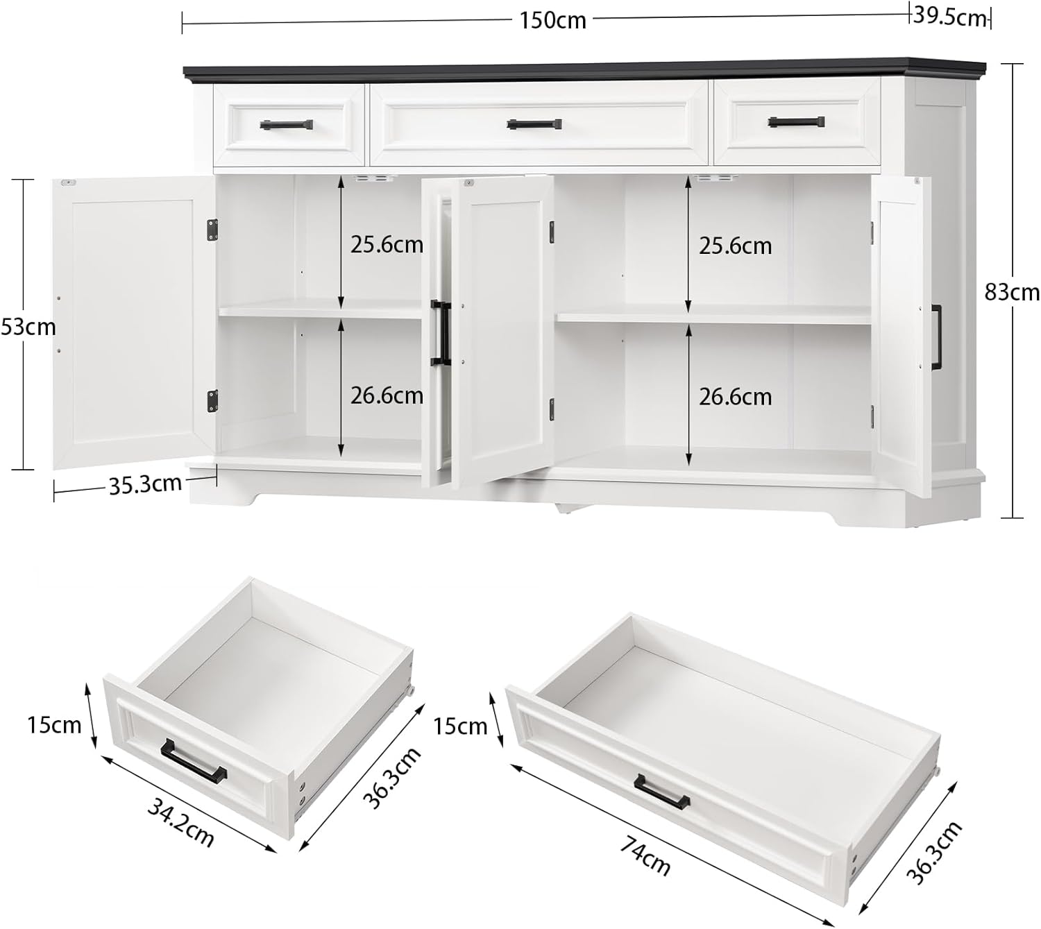 150cm Buffet Salle a Manger, Meuble Cuisine avec 4 Portes et 3 tiroirs, Buffet Cuisine à étagères réglables, Meuble de Rangement de Cuisine pour Salon, entrée, Blanc – 150 × 40 × 80 cm 150x40x80cm