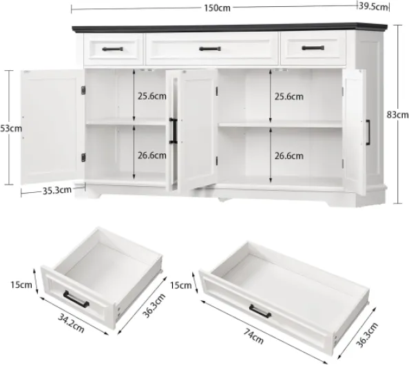150cm Buffet Salle a Manger, Meuble Cuisine avec 4 Portes et 3 tiroirs, Buffet Cuisine à étagères réglables, Meuble de Rangement de Cuisine pour Salon, entrée, Blanc – 150 × 40 × 80 cm 150x40x80cm
