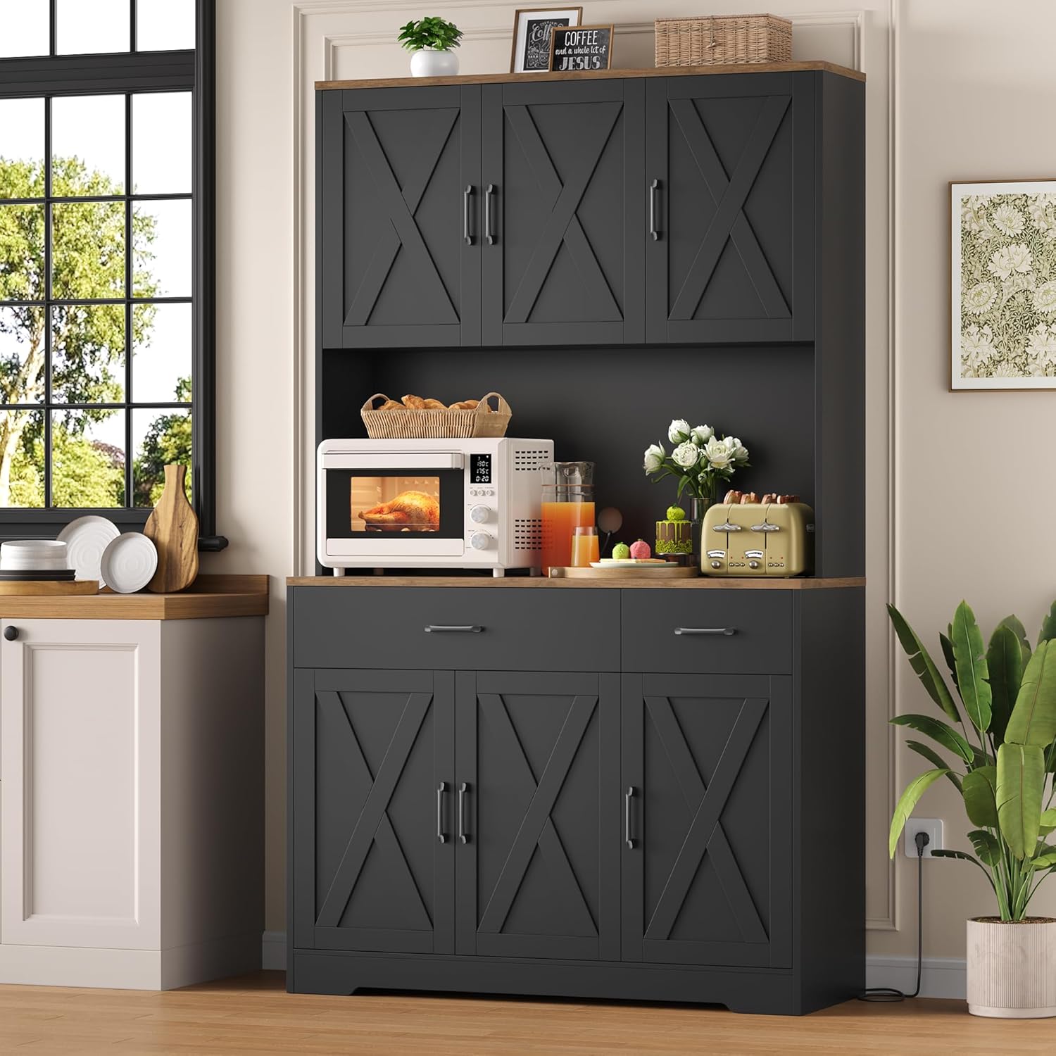 Buffet Cuisine 105x180 cm (BxH), Haut Armoire de Cuisine, Vaisselier avec Prises Électriques, avec Plans de Travail et 2 Tiroirs, Étagères Réglables, Meuble de Rangement Noir