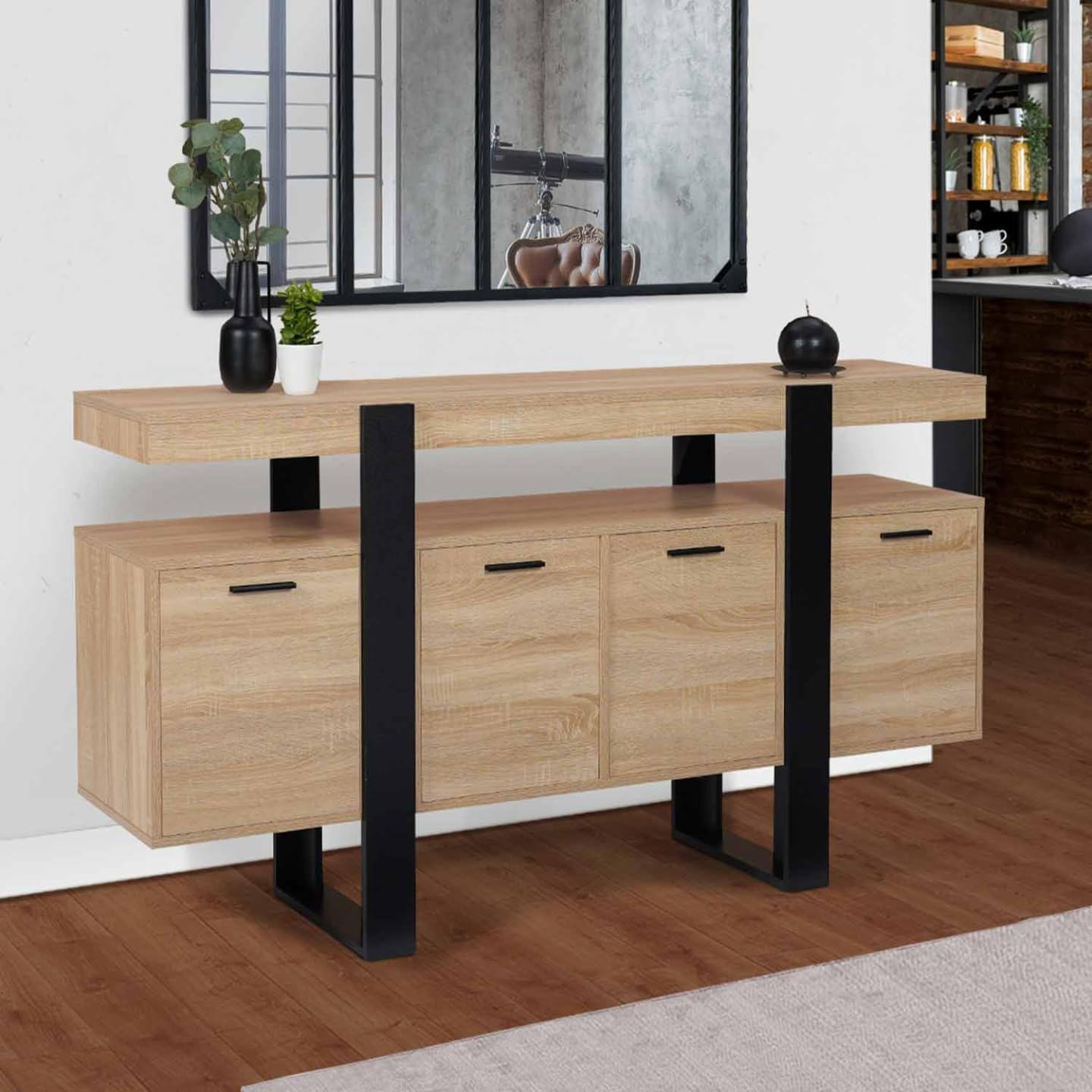 Buffet 160 cm Phoenix XXL 4 Portes Bois et Noir