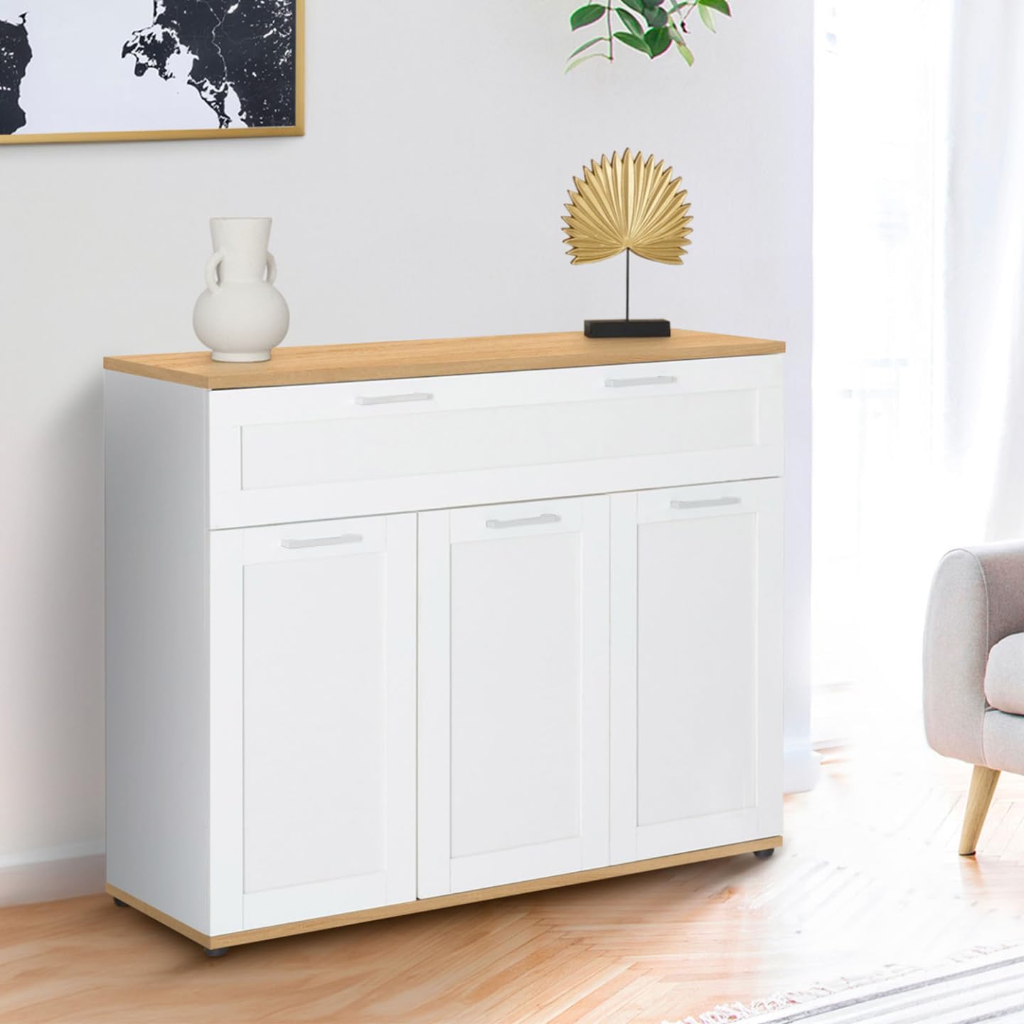 Buffet 100 cm VITO 3 Portes et 1 tiroir Blanc et Plateau Bois