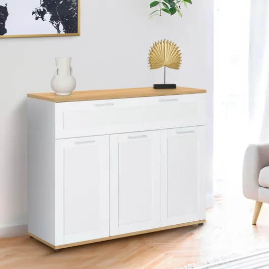 Buffet 100 cm VITO 3 Portes et 1 tiroir Blanc et Plateau Bois