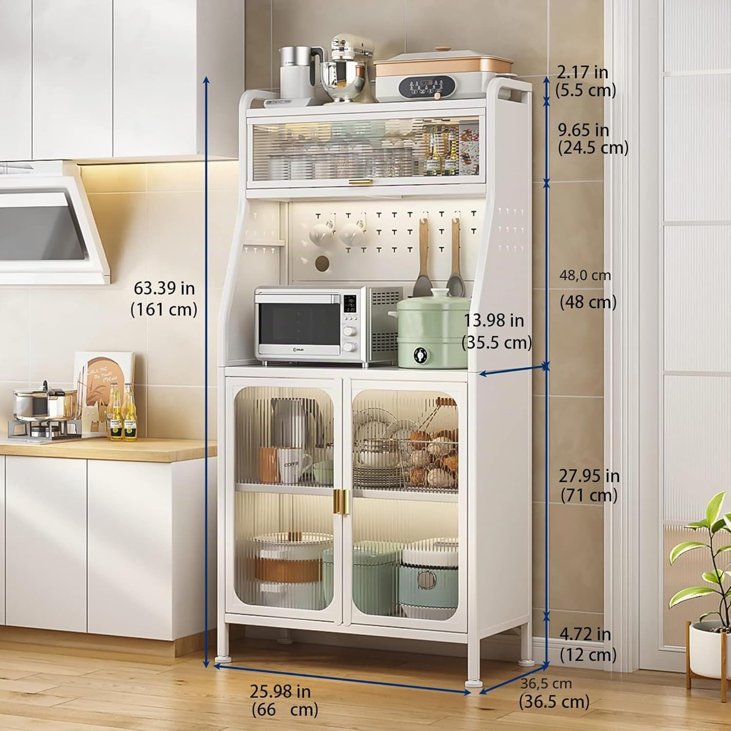 Fiutazge Buffet de Cuisine Meuble de Rangement,Armoire de Cuisine avec Porte Acrylique,Vaisselier Cuisine à roulettes et Étagères Réglables,Assemblage sans Vis pour Salle à Manger et Salon,Blanc 66 x 160 cm Blanc