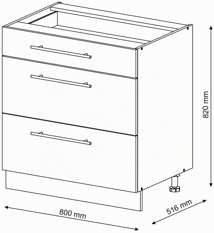 Meuble Cuisine Fame-Line, Blanc Haute Brillance/Blanc, 80cm avec 3 tiroirs, sans PT, à Combiner avec d'autres modules de la série Fame-Line White High Gloss/White Meuble bas à tiroirs 80 cm