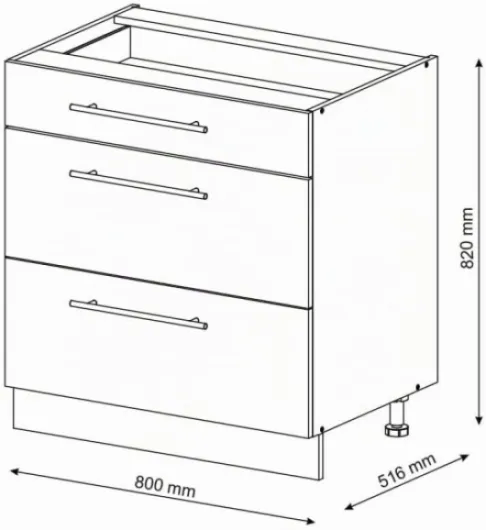 Meuble Cuisine Fame-Line, Blanc Haute Brillance/Blanc, 80cm avec 3 tiroirs, sans PT, à Combiner avec d'autres modules de la série Fame-Line White High Gloss/White Meuble bas à tiroirs 80 cm