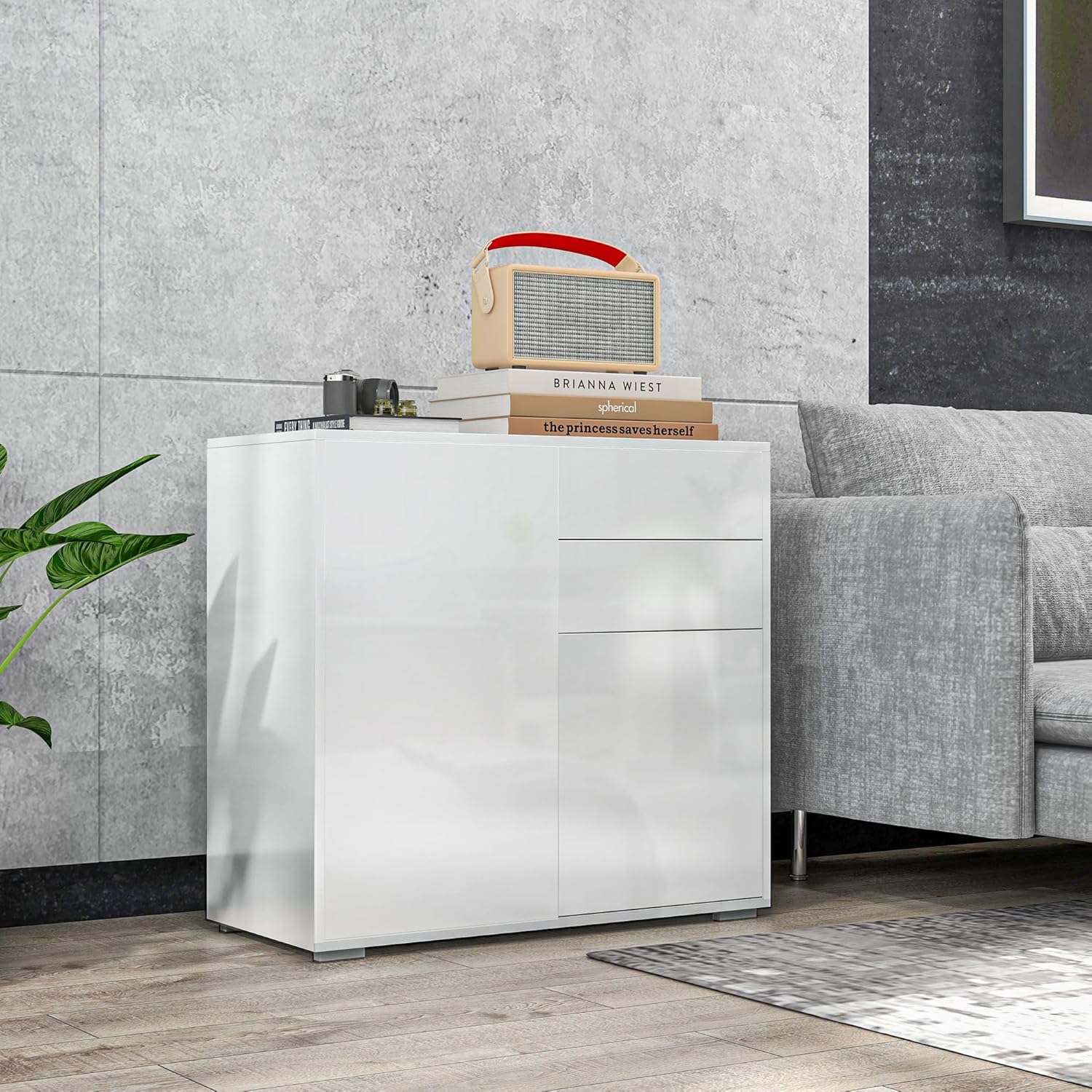 Meuble de Rangement Buffet Commode Armoire de Rangement avec 2 tiroirs et 2 placards à Portes, étagères réglables, pour Salon, Cuisine, Chambre, 79 x 36 x 74 cm Blanc Brillant 79x36x74cm Blanc Laqué