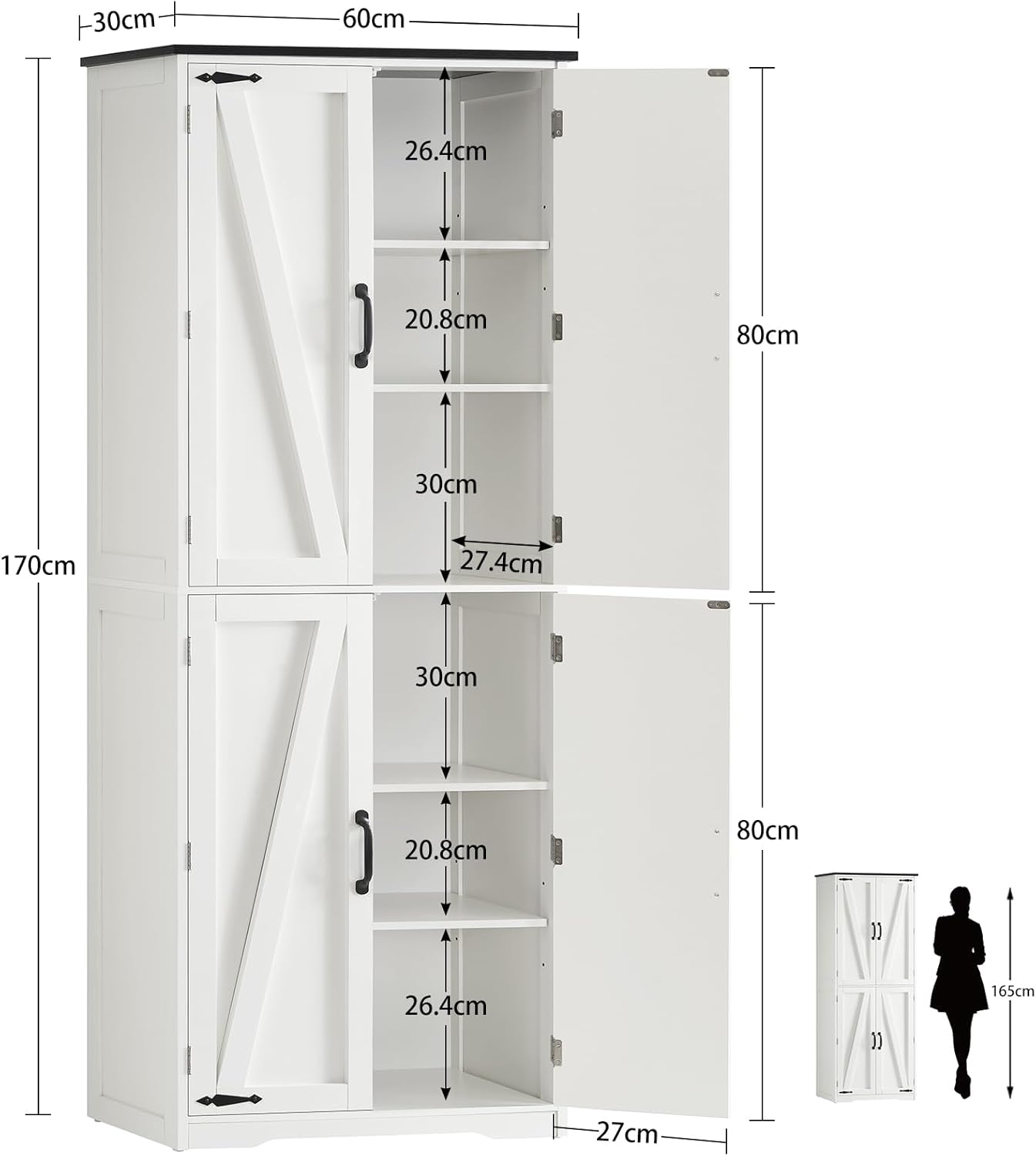 Buffet Haut Cuisine, Buffet Cuisine Rangement 4 Portes avec Étagères Réglables, Meuble de Rangement pour Salon, Salle à Manger, Blanc, 60 x 30 x 170 cm 60x30x170cm