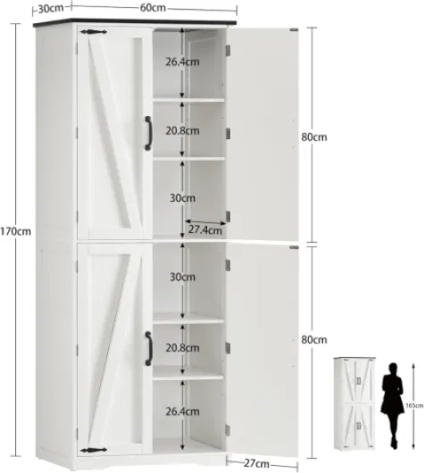 Buffet Haut Cuisine, Buffet Cuisine Rangement 4 Portes avec Étagères Réglables, Meuble de Rangement pour Salon, Salle à Manger, Blanc, 60 x 30 x 170 cm 60x30x170cm