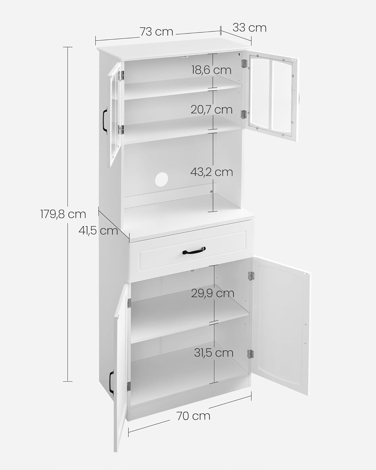 Buffet Haut Cuisine, Meuble de Rangement, Garde-Manger, Vaisselier, avec Portes en Verre et Étagères Réglables, Trou de Passage des Câbles, pour Micro-Ondes, Style Moderne, Blanc LSC361W21 179,8H cm