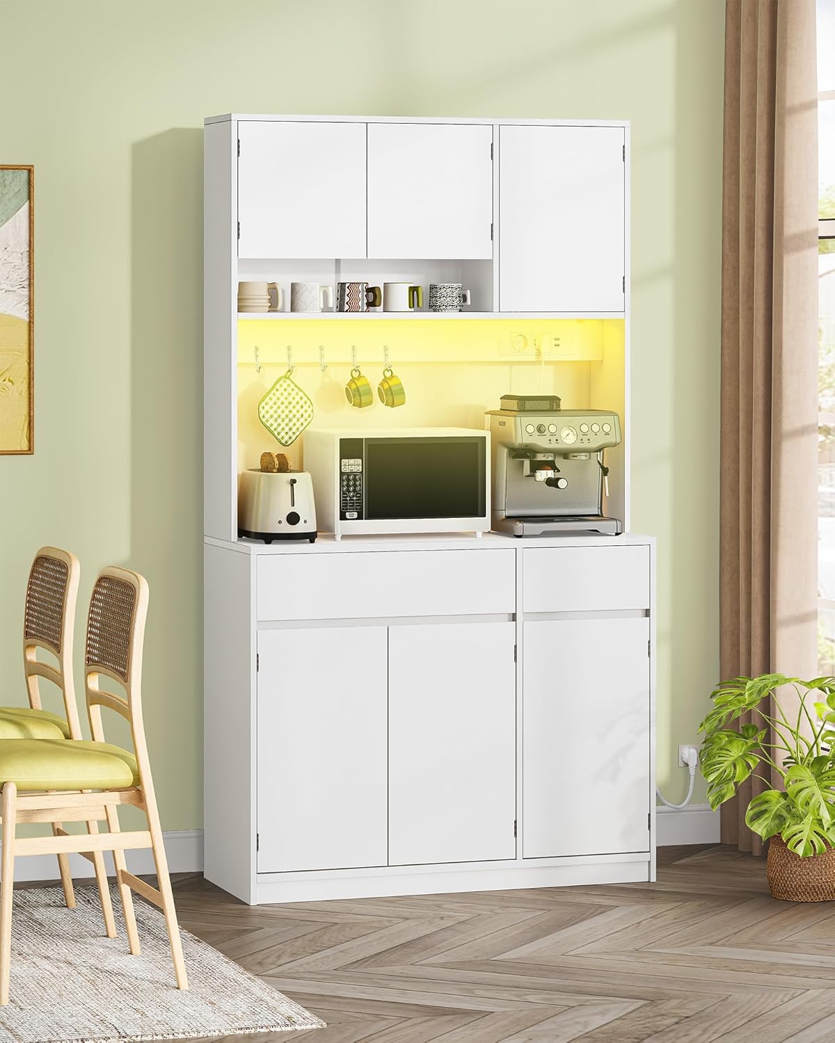 Armoires Cuisine, Buffet, Haut Vaisselier avec Prises Électriques, avec Plans de Travail et Deux Tiroirs, Étagères Réglables, Cuisine, Salon, 100 x 40 x 180 cm, Blanc, PT00203X
