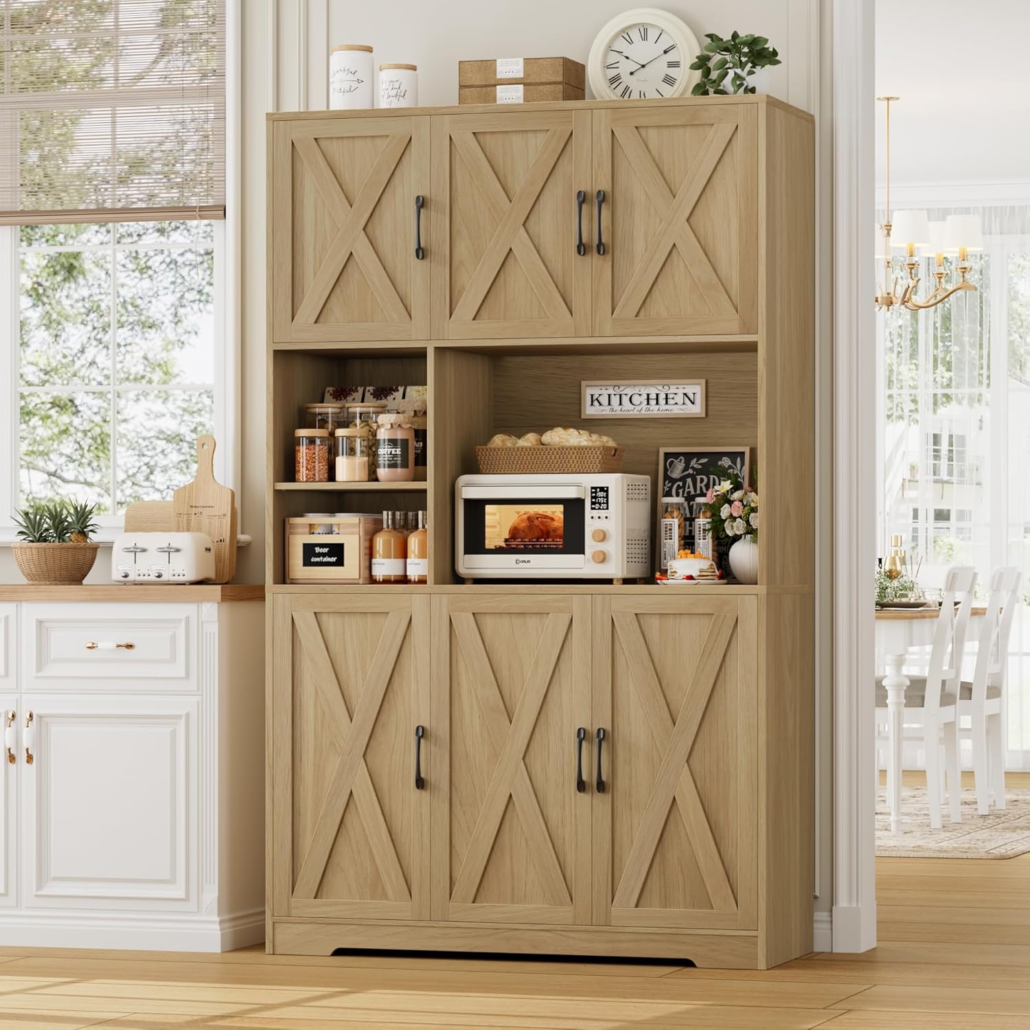 Buffet Cuisine, 180 cm Haut Armoire de Cuisine avec Porte Verre à Vin, Casier à Bouteilles Amovible, Étagère à Micro-Ondes, Vaisselier, Meuble de Rangement pour Salle à Manger Salon Marron