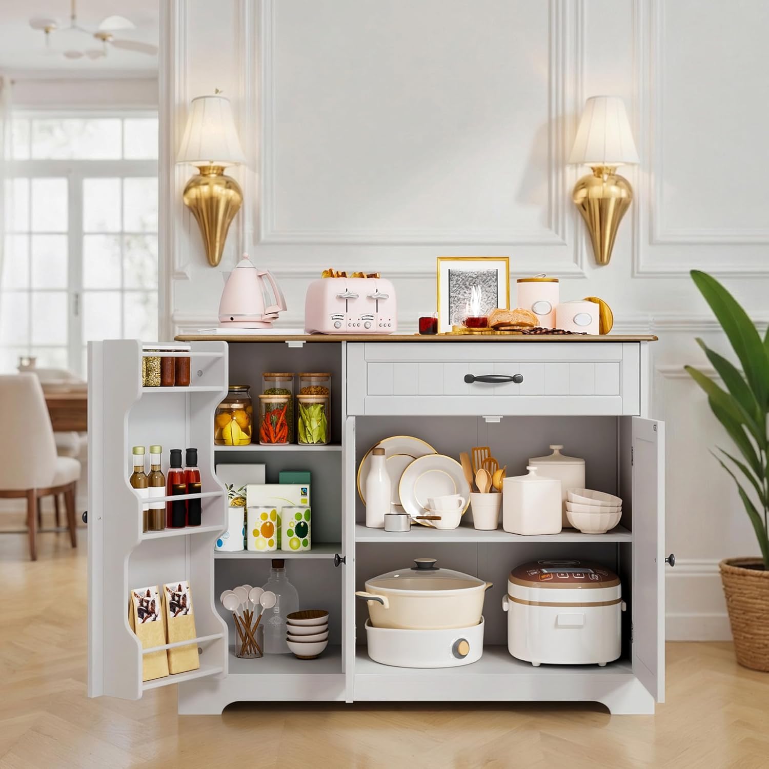 Buffet avec 1 Tiroir, étagère de Porte à 3 Niveaux et Grand Espace de Rangement, Buffet avec Dispositif Anti-Basculement et Coins Arrondis, pour Cuisine, Salon ou Chambre à Coucher, Vintage