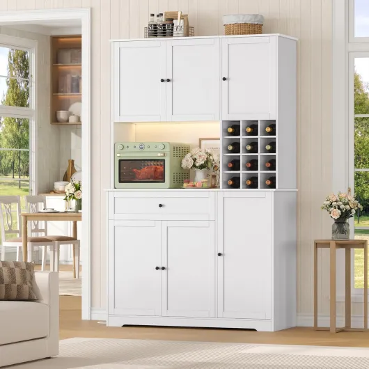 180cm Buffet Cuisine avec Multiprise, LED Multicolore Meuble Cuisine Rangement avec 6 Portes 1 Tiroir Casier à Bouteilles Vaisselier Salle à Manger Étagère Réglable 100x39x180cm Blanc