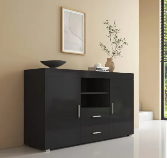 Buffet Roque pour Salon et Salle à Manger Moderne - Meuble TV en Mélamine - Couleur Noir Brillant - 140x80x40 cm